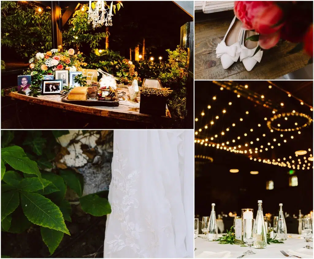 Snohomish Wedding Photographer GSquared Weddings Collage of a wedding scene a table with photos and books adorned with flowers white shoes with bows near pink flowers a leafy plant next to a white dress and a banquet table under string lights with candles and bottles Serving Seattle Snohomish and Washington State Snohomish Wedding Photographer GSquared Weddings Collage of a wedding scene: a table with photos and books adorned with flowers, white shoes with bows near pink flowers, a leafy plant next to a white dress, and a banquet table under string lights with candles and bottles. Serving Seattle, Snohomish and Washington State