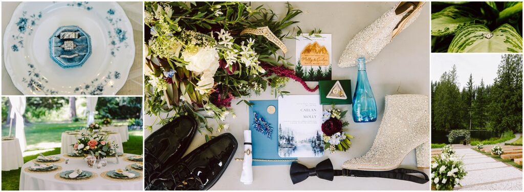 Snohomish wedding photographer gsquared weddings a collage of wedding preparation images rings in a case floral decorations invitation cards sparkling boots black shoes plates on a table and scenic outdoor views with trees and a pond Serving seattle snohomish and washington state Snohomish wedding photographer gsquared weddings a collage of wedding preparation images rings in a case floral decorations invitation cards sparkling boots black shoes plates on a table and scenic outdoor views with trees and a pond Serving seattle snohomish and washington state