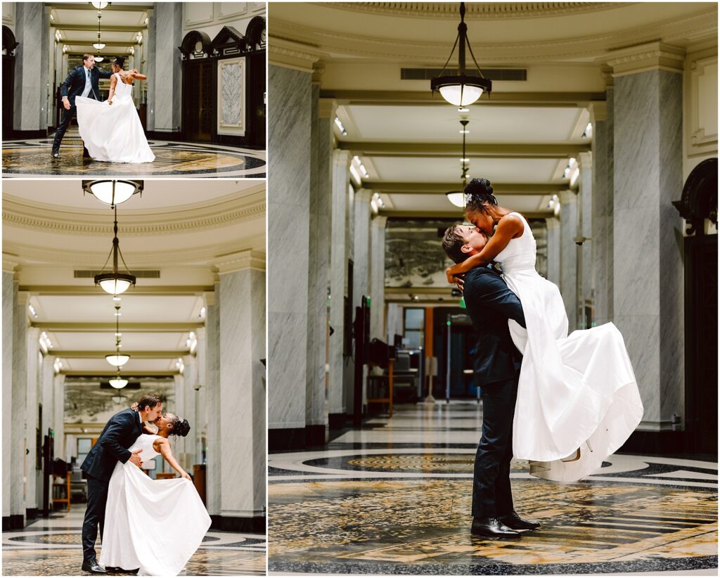 Snohomish wedding photographer gsquared weddings a couple in wedding attire is dancing in a grand hallway with marble columns and intricate floor designs The groom lifts the bride joyfully in two different poses showcasing their happiness The setting is elegant and well-lit Serving seattle snohomish and washington state Snohomish wedding photographer gsquared weddings a couple in wedding attire is dancing in a grand hallway with marble columns and intricate floor designs The groom lifts the bride joyfully in two different poses showcasing their happiness The setting is elegant and well lit Serving seattle snohomish and washington state
