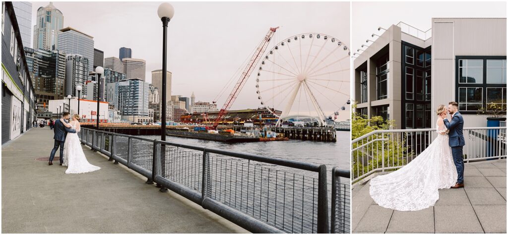 Snohomish wedding photographer gsquared weddings a couple in wedding attire poses at a city waterfront with skyscrapers and a ferris wheel in the background In the second frame they share a kiss on a rooftop surrounded by modern buildings Serving seattle snohomish and washington state Snohomish wedding photographer gsquared weddings a couple in wedding attire poses at a city waterfront with skyscrapers and a ferris wheel in the background In the second frame they share a kiss on a rooftop surrounded by modern buildings Serving seattle snohomish and washington state