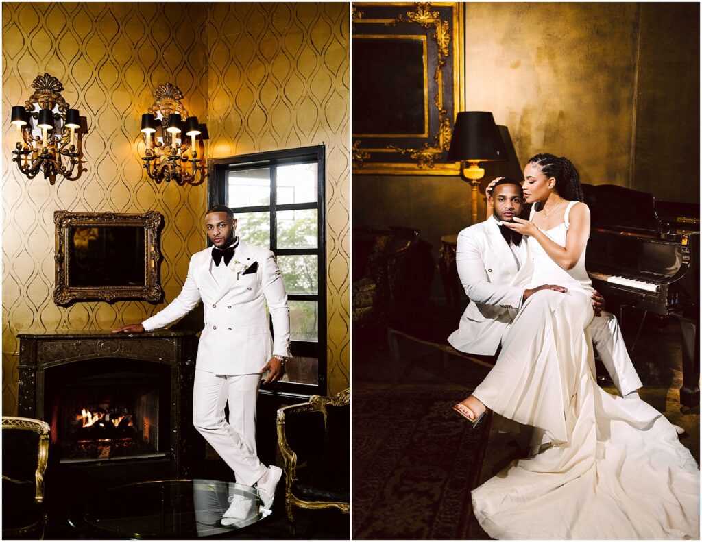 Snohomish wedding photographer gsquared weddings left a man in a white suit stands by a lit fireplace in an elegant room with golden wallpaper and ornate sconces Right a couple in formal attire sits together by a grand piano sharing a tender moment in a warmly lit luxurious setting Serving seattle snohomish and washington state Snohomish wedding photographer gsquared weddings left a man in a white suit stands by a lit fireplace in an elegant room with golden wallpaper and ornate sconces Right a couple in formal attire sits together by a grand piano sharing a tender moment in a warmly lit luxurious setting Serving seattle snohomish and washington state