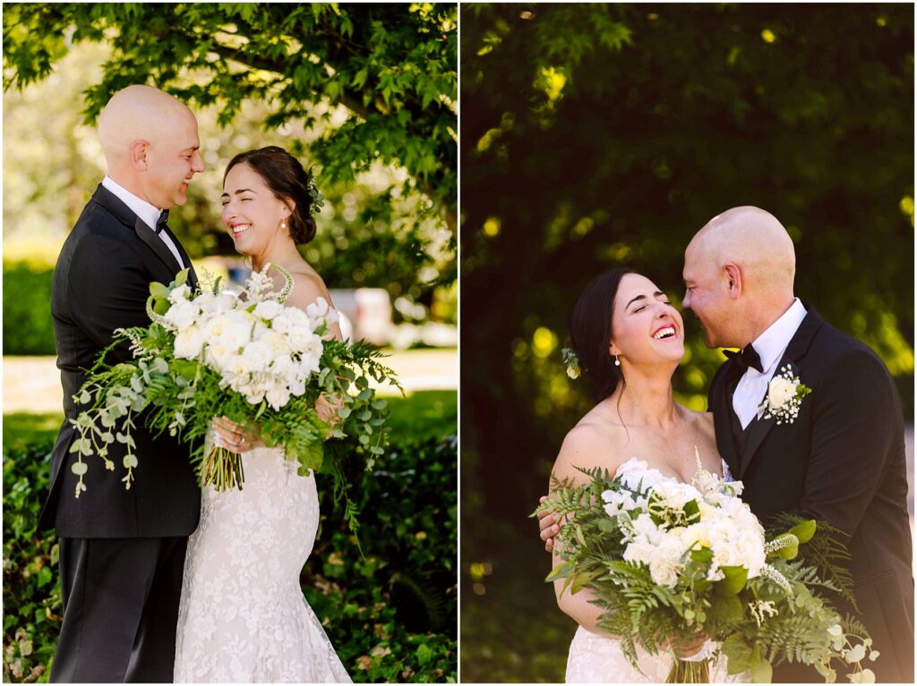 Snohomish wedding photographer gsquared weddings a couple dressed in wedding attire smiles and embraces outdoors The bride holds a large bouquet of white flowers with greenery They are under a lush green tree sharing joyful and tender moments Serving seattle snohomish and washington state Snohomish wedding photographer gsquared weddings a couple dressed in wedding attire smiles and embraces outdoors The bride holds a large bouquet of white flowers with greenery They are under a lush green tree sharing joyful and tender moments Serving seattle snohomish and washington state
