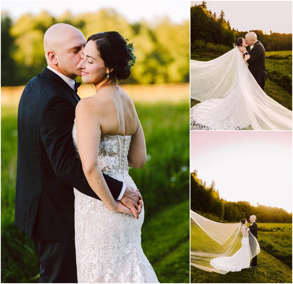 Snohomish wedding photographer gsquared weddings a couple embraces in a field during their wedding photoshoot The bride wears a lace gown with a long veil and the groom is in a black suit There are three photos capturing them sharing intimate moments beneath a clear sky Serving seattle snohomish and washington state Snohomish wedding photographer gsquared weddings a couple embraces in a field during their wedding photoshoot The bride wears a lace gown with a long veil and the groom is in a black suit There are three photos capturing them sharing intimate moments beneath a clear sky Serving seattle snohomish and washington state