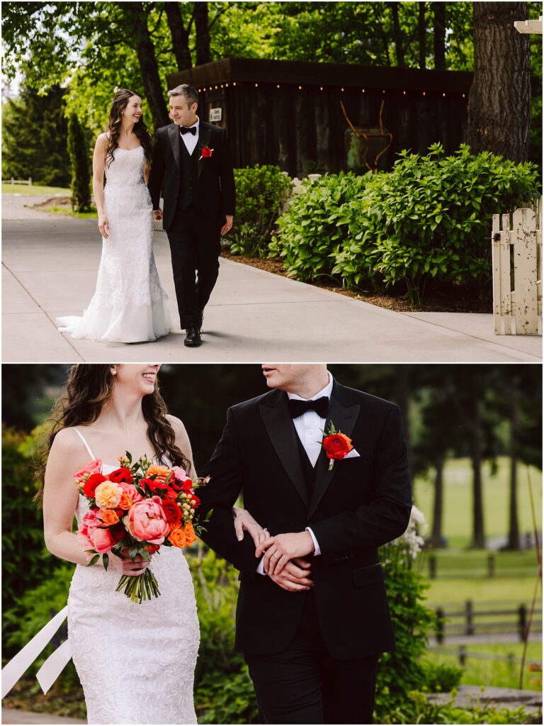Snohomish wedding photographer gsquared weddings a bride in a white lace dress and a groom in a black suit walk on a path lined with greenery Shes holding a vibrant bouquet of red orange and pink flowers They smile at each other arms linked with a rustic wooden building nearby Serving seattle snohomish and washington state Snohomish wedding photographer gsquared weddings a bride in a white lace dress and a groom in a black suit walk on a path lined with greenery Shes holding a vibrant bouquet of red orange and pink flowers They smile at each other arms linked with a rustic wooden building nearby Serving seattle snohomish and washington state