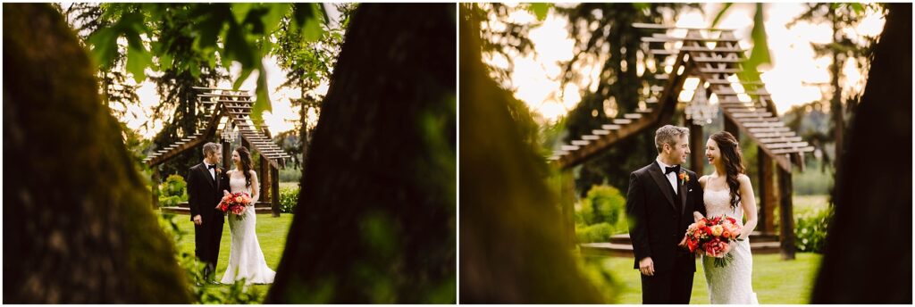 Snohomish wedding photographer gsquared weddings a bride and groom stand together in a lush garden setting The bride holds a vibrant bouquet of flowers An arched wooden structure and trees are in the background Two similar images are shown side by side Serving seattle snohomish and washington state Snohomish wedding photographer gsquared weddings a bride and groom stand together in a lush garden setting The bride holds a vibrant bouquet of flowers An arched wooden structure and trees are in the background Two similar images are shown side by side Serving seattle snohomish and washington state