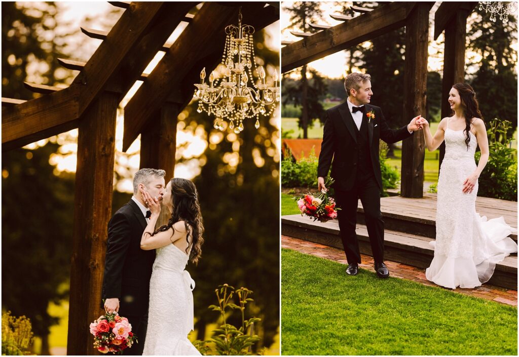 Snohomish wedding photographer gsquared weddings a bride and groom share a kiss under a wooden pergola with a chandelier They walk hand-in-hand smiling on a grassy lawn The groom holds a bouquet of pink and orange flowers The background features trees and a soft warm sunset light Serving seattle snohomish and washington state Snohomish wedding photographer gsquared weddings a bride and groom share a kiss under a wooden pergola with a chandelier They walk hand in hand smiling on a grassy lawn The groom holds a bouquet of pink and orange flowers The background features trees and a soft warm sunset light Serving seattle snohomish and washington state
