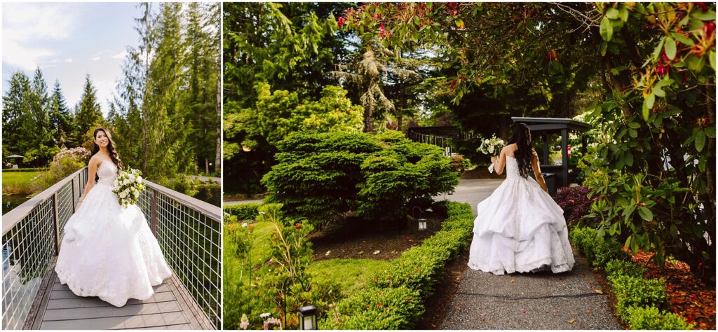 Snohomish wedding photographer gsquared weddings a bride in a white wedding gown walks along a scenic garden path The first image shows her smiling on a bridge holding a bouquet The second image captures her from behind walking towards a lush green garden with vibrant plants Serving seattle snohomish and washington state Snohomish wedding photographer gsquared weddings a bride in a white wedding gown walks along a scenic garden path The first image shows her smiling on a bridge holding a bouquet The second image captures her from behind walking towards a lush green garden with vibrant plants Serving seattle snohomish and washington state