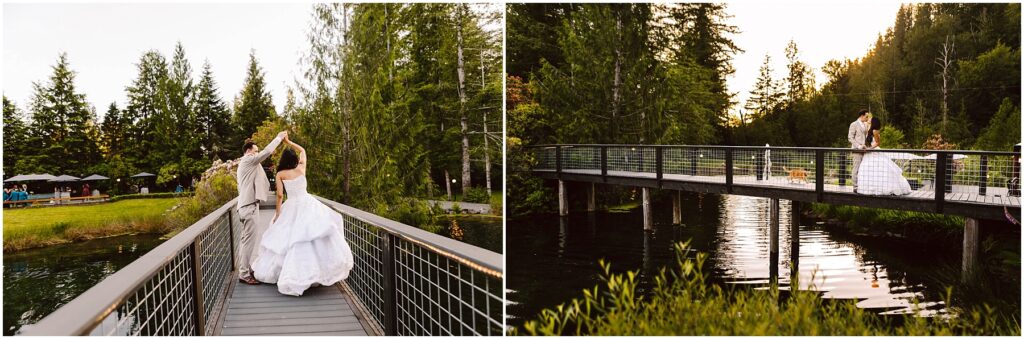 Snohomish wedding photographer gsquared weddings a couple dances on a wooden bridge surrounded by lush trees and a tranquil river The groom twirls the bride who wears a white dress as they enjoy a serene moment in nature The scene is peaceful and romantic Serving seattle snohomish and washington state Snohomish wedding photographer gsquared weddings a couple dances on a wooden bridge surrounded by lush trees and a tranquil river The groom twirls the bride who wears a white dress as they enjoy a serene moment in nature The scene is peaceful and romantic Serving seattle snohomish and washington state
