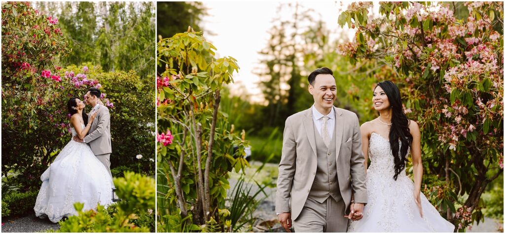 Snohomish wedding photographer gsquared weddings a bride and groom stand in a lush garden filled with pink flowers The groom in a light gray suit smiles as he holds the hand of the bride who is in a strapless white gown The couple walks joyfully under trees Serving seattle snohomish and washington state Snohomish wedding photographer gsquared weddings a bride and groom stand in a lush garden filled with pink flowers The groom in a light gray suit smiles as he holds the hand of the bride who is in a strapless white gown The couple walks joyfully under trees Serving seattle snohomish and washington state