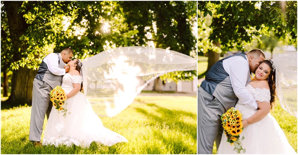 Snohomish wedding photographer gsquared weddings a bride in a white dress holds sunflowers and kisses a groom in a grey suit Her veil flows dramatically in the breeze They stand outdoors under a tree in sunlight Another image shows the couple embracing closely smiling Serving seattle snohomish and washington state Snohomish wedding photographer gsquared weddings a bride in a white dress holds sunflowers and kisses a groom in a grey suit Her veil flows dramatically in the breeze They stand outdoors under a tree in sunlight Another image shows the couple embracing closely smiling Serving seattle snohomish and washington state