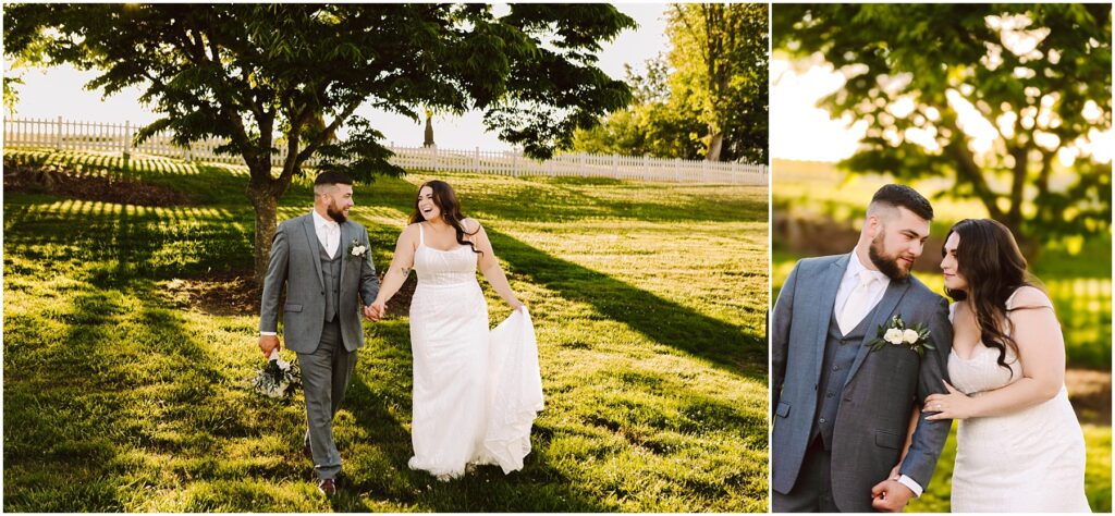 Snohomish wedding photographer gsquared weddings a couple in wedding attire walks hand-in-hand on a sunny lawn The bride wears a strapless white gown and the groom wears a gray suit They smile at each other with trees and a white fence in the background Serving seattle snohomish and washington state Snohomish wedding photographer gsquared weddings a couple in wedding attire walks hand in hand on a sunny lawn The bride wears a strapless white gown and the groom wears a gray suit They smile at each other with trees and a white fence in the background Serving seattle snohomish and washington state