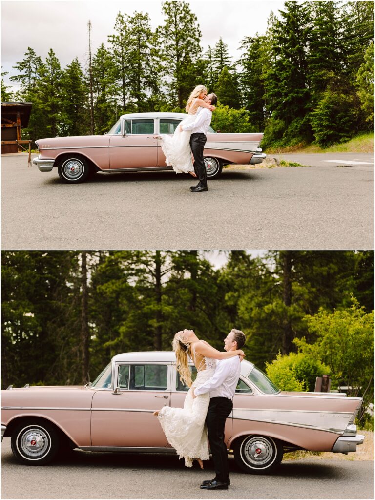 Snohomish wedding photographer gsquared weddings a couple stands joyfully near a vintage pink car surrounded by tall trees The man is lifting the woman who wears a white dress while he wears a white shirt and black pants They appear happy and carefree Serving seattle snohomish and washington state Snohomish wedding photographer gsquared weddings a couple stands joyfully near a vintage pink car surrounded by tall trees The man is lifting the woman who wears a white dress while he wears a white shirt and black pants They appear happy and carefree Serving seattle snohomish and washington state
