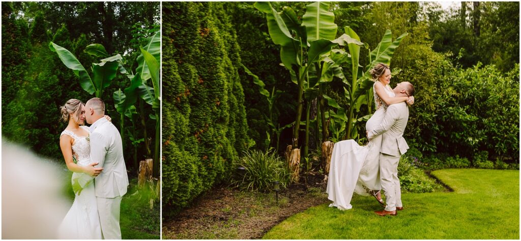 Snohomish wedding photographer gsquared weddings a couple in wedding attire embrace in a lush green garden The groom lifts the bride surrounded by tall banana plants and neatly trimmed hedges The bride wears a white gown and both appear joyful and in love Serving seattle snohomish and washington state Snohomish wedding photographer gsquared weddings a couple in wedding attire embrace in a lush green garden The groom lifts the bride surrounded by tall banana plants and neatly trimmed hedges The bride wears a white gown and both appear joyful and in love Serving seattle snohomish and washington state