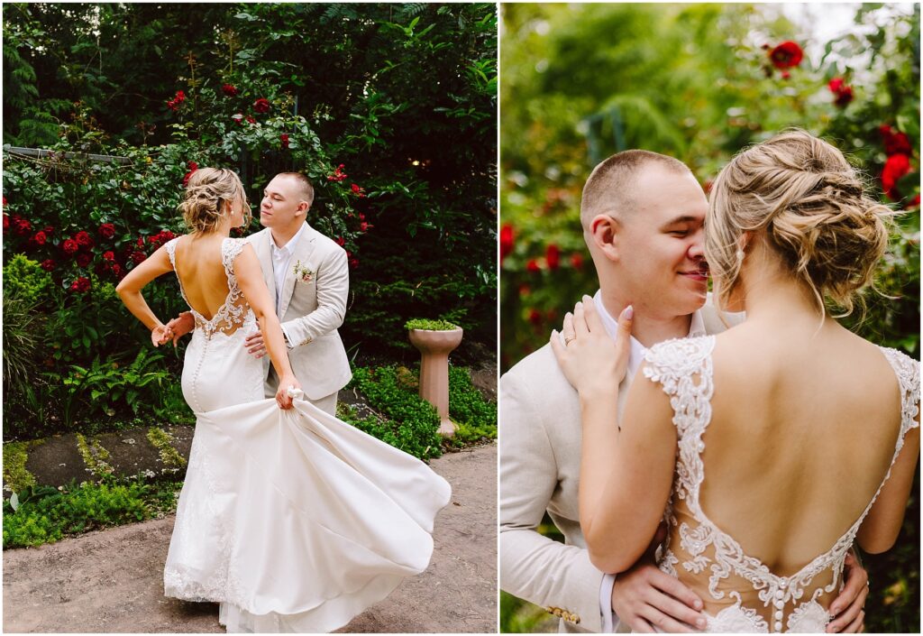Snohomish wedding photographer gsquared weddings a couple dances in a garden surrounded by lush greenery and red flowers The bride wears a white dress with lace details and an open back The groom is dressed in a light suit They appear joyful and close sharing a tender moment Serving seattle snohomish and washington state Snohomish wedding photographer gsquared weddings a couple dances in a garden surrounded by lush greenery and red flowers The bride wears a white dress with lace details and an open back The groom is dressed in a light suit They appear joyful and close sharing a tender moment Serving seattle snohomish and washington state