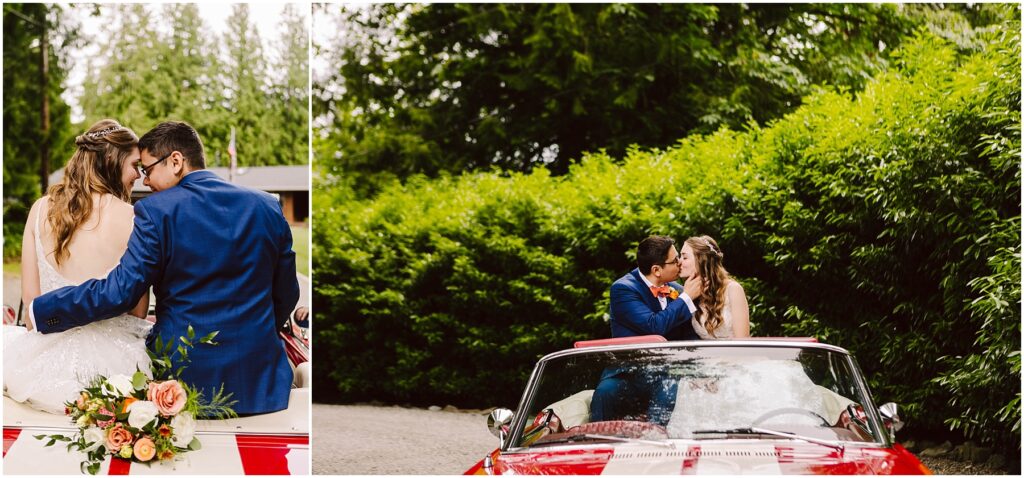 Snohomish wedding photographer gsquared weddings a bride and groom sit on the back of a red convertible car surrounded by lush greenery The bride wears a white dress and the groom a blue suit In another frame they share a kiss while seated in the car A bouquet of flowers rests nearby Serving seattle snohomish and washington state Snohomish wedding photographer gsquared weddings a bride and groom sit on the back of a red convertible car surrounded by lush greenery The bride wears a white dress and the groom a blue suit In another frame they share a kiss while seated in the car A bouquet of flowers rests nearby Serving seattle snohomish and washington state