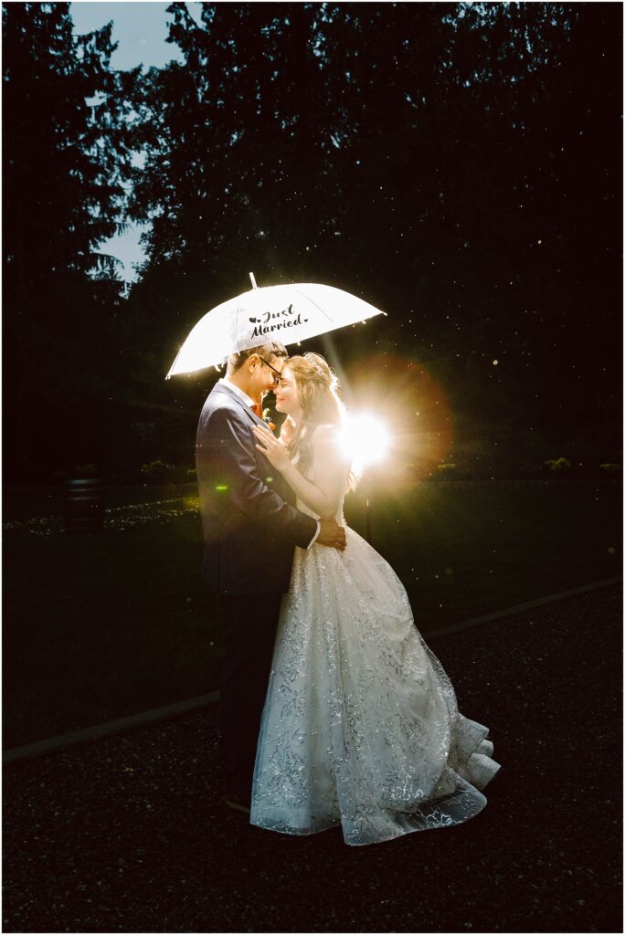 Snohomish wedding photographer gsquared weddings a bride and groom embrace under a glowing umbrella that reads just married with a soft light shining behind them They are standing on a dark path surrounded by trees The bride is wearing a white gown and the groom is in a suit Serving seattle snohomish and washington state Snohomish wedding photographer gsquared weddings a bride and groom embrace under a glowing umbrella that reads just married with a soft light shining behind them They are standing on a dark path surrounded by trees The bride is wearing a white gown and the groom is in a suit Serving seattle snohomish and washington state