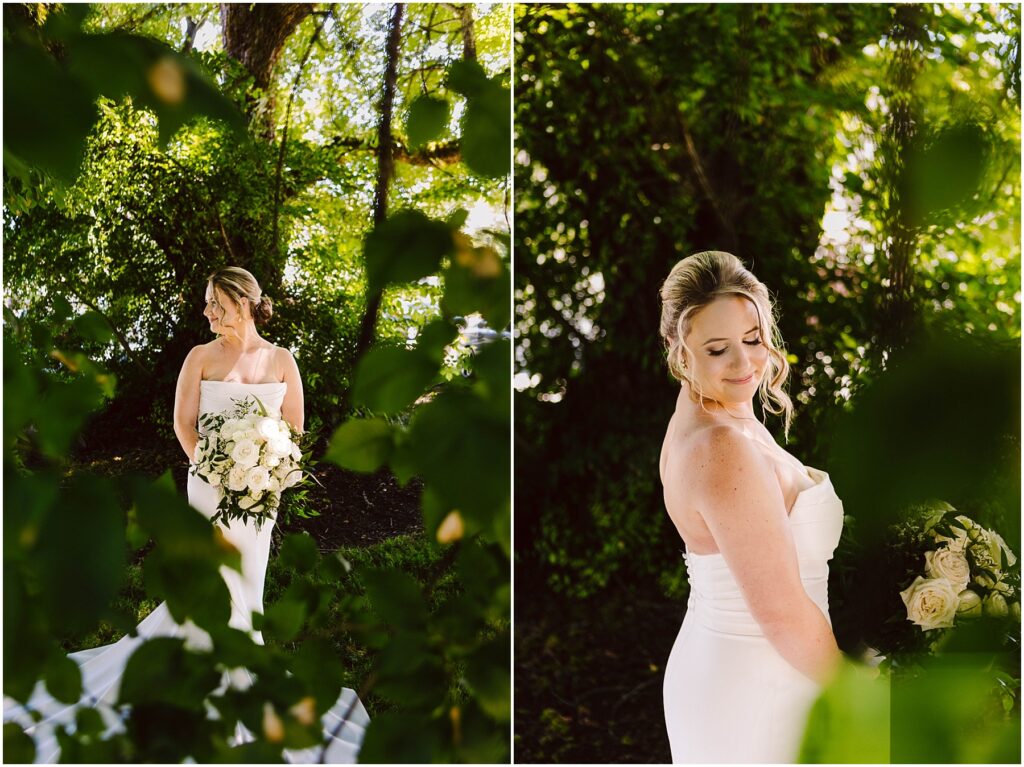 Snohomish wedding photographer gsquared weddings bride in a strapless white dress holding a bouquet of white flowers surrounded by greenery She stands among foliage looking to the side in both images Sunlight filters through the leaves creating a serene and natural atmosphere Serving seattle snohomish and washington state Snohomish wedding photographer gsquared weddings bride in a strapless white dress holding a bouquet of white flowers surrounded by greenery She stands among foliage looking to the side in both images Sunlight filters through the leaves creating a serene and natural atmosphere Serving seattle snohomish and washington state