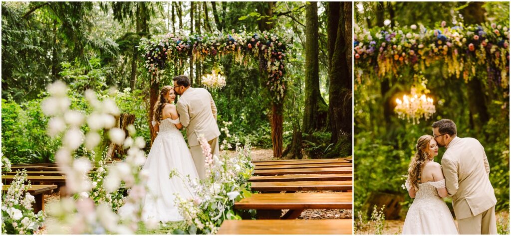 Snohomish wedding photographer gsquared weddings a couple embraces under a floral arbor in a forest setting The bride wears a white gown while the groom is in a light suit Wooden benches line the path and a chandelier hangs above them adding a touch of elegance to the natural surroundings Serving seattle snohomish and washington state Snohomish wedding photographer gsquared weddings a couple embraces under a floral arbor in a forest setting The bride wears a white gown while the groom is in a light suit Wooden benches line the path and a chandelier hangs above them adding a touch of elegance to the natural surroundings Serving seattle snohomish and washington state