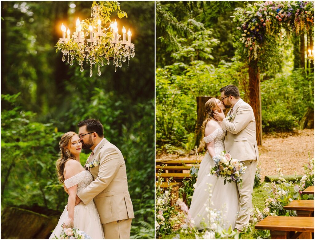 Snohomish wedding photographer gsquared weddings a bride and groom in a woodland setting kiss under a chandelier and floral arch The bride wears an off-shoulder gown and holds a bouquet The groom wears a beige suit They stand surrounded by greenery and flowers with wooden benches nearby Serving seattle snohomish and washington state Snohomish wedding photographer gsquared weddings a bride and groom in a woodland setting kiss under a chandelier and floral arch The bride wears an off shoulder gown and holds a bouquet The groom wears a beige suit They stand surrounded by greenery and flowers with wooden benches nearby Serving seattle snohomish and washington state