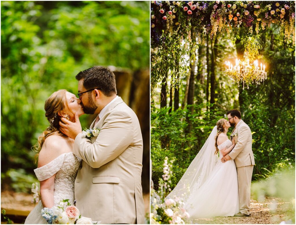 Snohomish wedding photographer gsquared weddings a couple shares a kiss in a lush forest setting The bride wears an off-shoulder dress with a long veil holding a bouquet The groom is in a beige suit They stand beneath a floral arch with a chandelier Serving seattle snohomish and washington state Snohomish wedding photographer gsquared weddings a couple shares a kiss in a lush forest setting The bride wears an off shoulder dress with a long veil holding a bouquet The groom is in a beige suit They stand beneath a floral arch with a chandelier Serving seattle snohomish and washington state