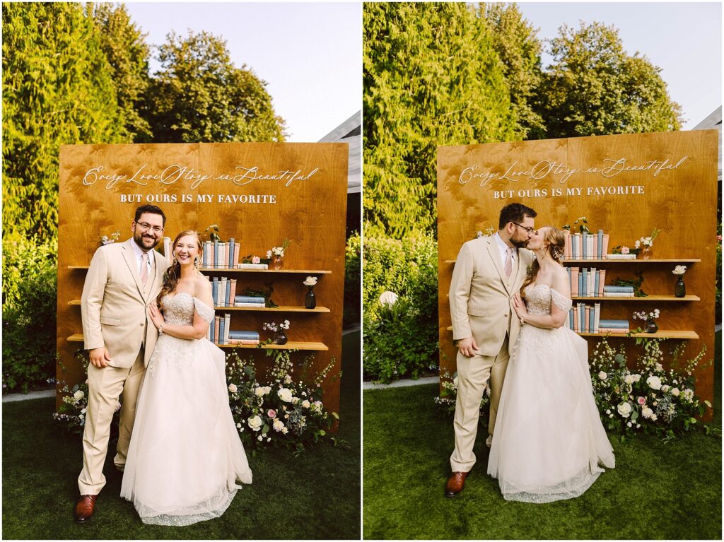 Snohomish wedding photographer gsquared weddings a bride in a white gown and groom in a beige suit pose joyfully in front of a wooden backdrop with shelves and books The backdrop reads every love story is beautiful but ours is my favorite Greenery and flowers decorate the scene Serving seattle snohomish and washington state Snohomish wedding photographer gsquared weddings a bride in a white gown and groom in a beige suit pose joyfully in front of a wooden backdrop with shelves and books The backdrop reads every love story is beautiful but ours is my favorite Greenery and flowers decorate the scene Serving seattle snohomish and washington state