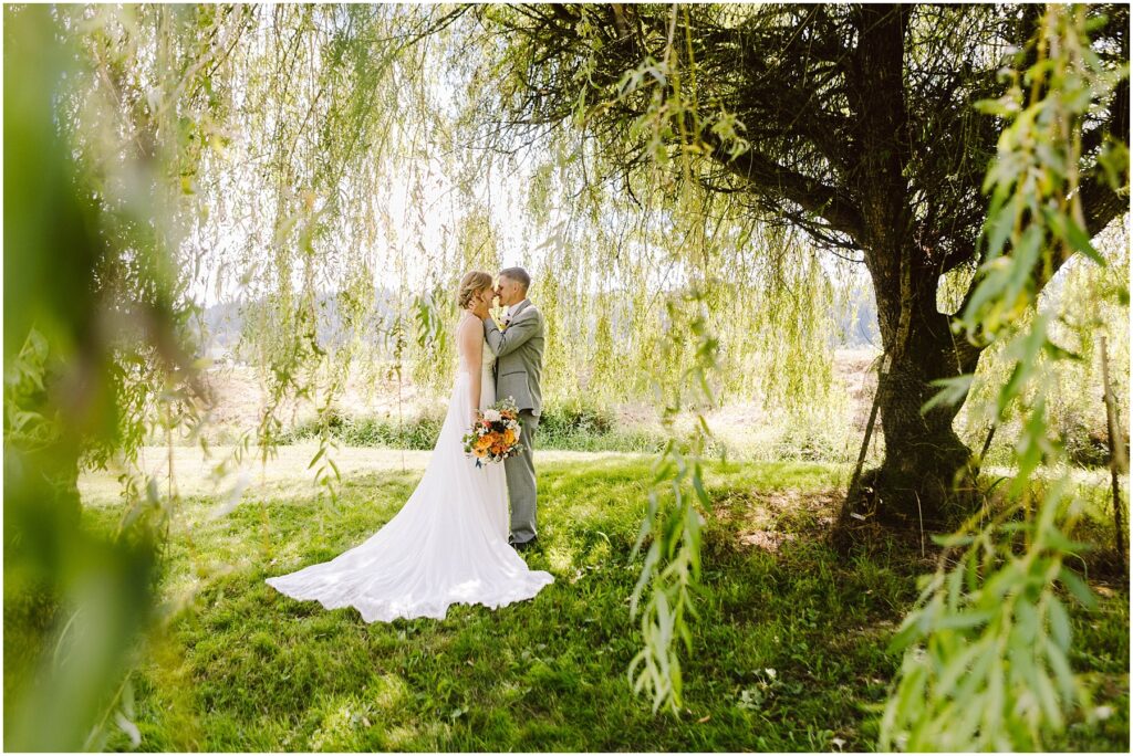 Bride and groom embracing face to face under a willow tree in a sunlit field Snohomish wedding photographer gsquared weddings a bride and groom share a tender moment under a large leafy tree The bride wears a long white gown and holds a bouquet of colorful flowers Sunlight filters through the branches casting dappled shadows on the grassy ground Serving seattle snohomish and washington state