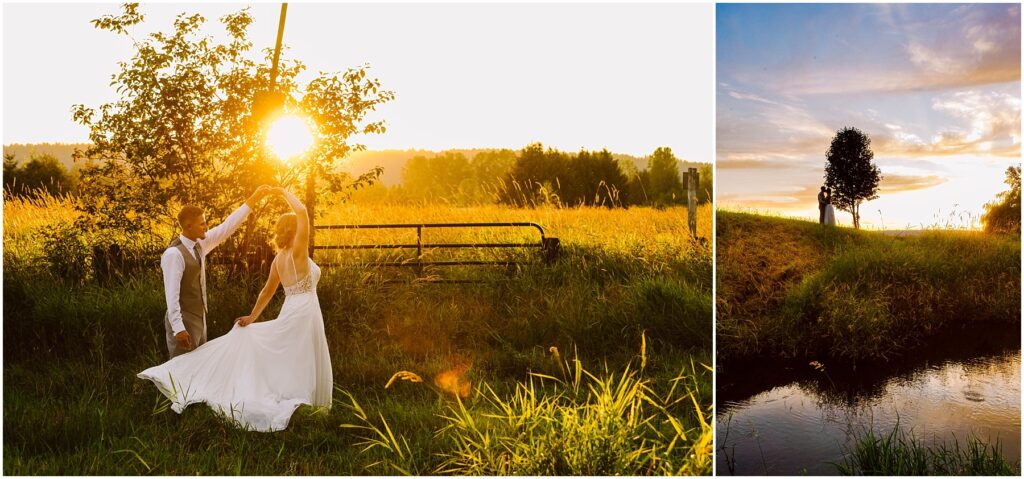 Snohomish wedding photographer gsquared weddings a couple in wedding attire dances near a fence in a sunlit field with a glowing sunset behind them To the right they are silhouetted against a colorful sky standing near a tree and reflecting in a serene pond Serving seattle snohomish and washington state Snohomish wedding photographer gsquared weddings a couple in wedding attire dances near a fence in a sunlit field with a glowing sunset behind them To the right they are silhouetted against a colorful sky standing near a tree and reflecting in a serene pond Serving seattle snohomish and washington state