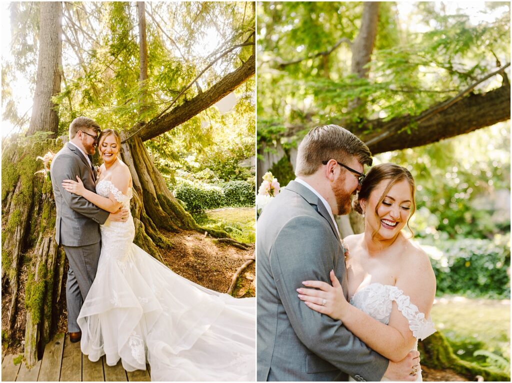 Snohomish wedding photographer gsquared weddings a bride and groom embrace under a large tree The bride wears an off-shoulder white wedding dress and the groom is in a gray suit They are smiling surrounded by lush greenery and dappled sunlight Serving seattle snohomish and washington state Snohomish wedding photographer gsquared weddings a bride and groom embrace under a large tree The bride wears an off shoulder white wedding dress and the groom is in a gray suit They are smiling surrounded by lush greenery and dappled sunlight Serving seattle snohomish and washington state