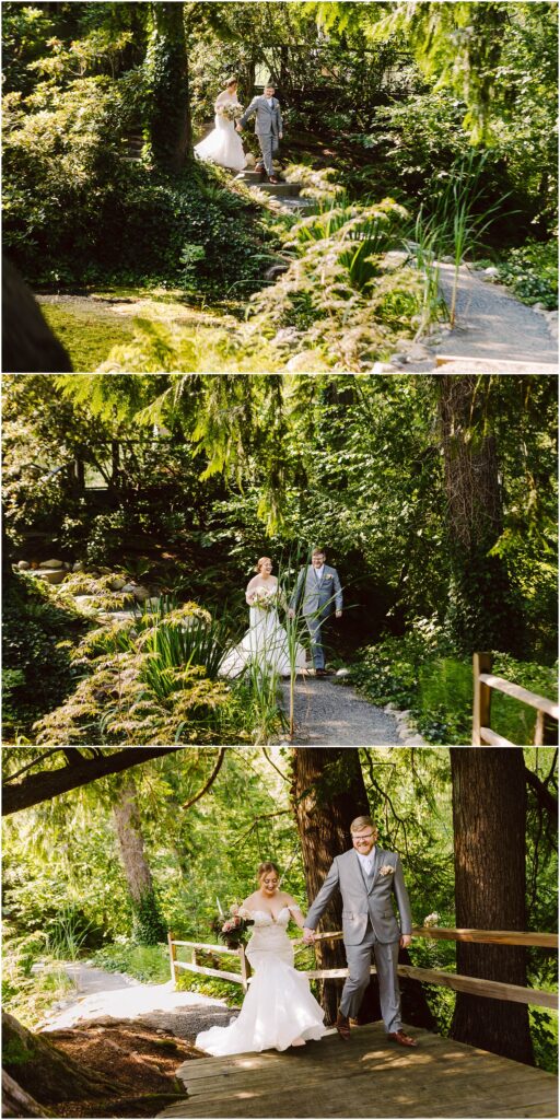Snohomish wedding photographer gsquared weddings a bride in a white dress and a groom in a gray suit walk through a lush green garden They hold hands and smile surrounded by trees and plants with sunlight filtering through the leaves The setting is serene and picturesque Serving seattle snohomish and washington state Snohomish wedding photographer gsquared weddings a bride in a white dress and a groom in a gray suit walk through a lush green garden They hold hands and smile surrounded by trees and plants with sunlight filtering through the leaves The setting is serene and picturesque Serving seattle snohomish and washington state
