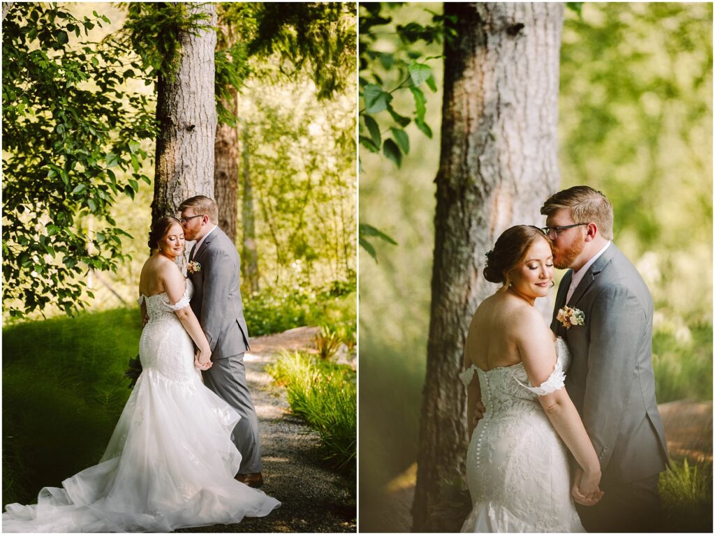 Snohomish wedding photographer gsquared weddings a couple in wedding attire stands affectionately in a lush green forest setting The bride in a white gown and the groom in a gray suit share a tender moment next to a tree The scene is bright and serene Serving seattle snohomish and washington state Snohomish wedding photographer gsquared weddings a couple in wedding attire stands affectionately in a lush green forest setting The bride in a white gown and the groom in a gray suit share a tender moment next to a tree The scene is bright and serene Serving seattle snohomish and washington state