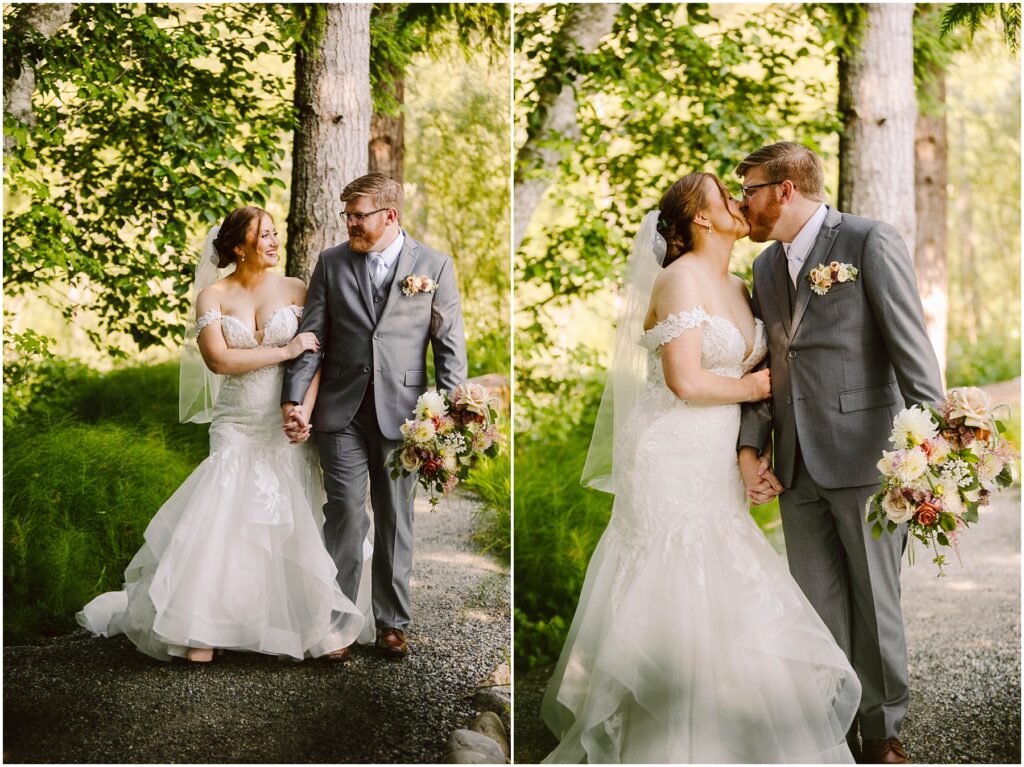 Snohomish wedding photographer gsquared weddings a bride and groom in formal attire share a kiss and walk hand in hand on a wooded path The bride holds a bouquet of flowers and wears a white gown while the groom wears a gray suit Sunlight filters through the trees creating a serene backdrop Serving seattle snohomish and washington state Snohomish wedding photographer gsquared weddings a bride and groom in formal attire share a kiss and walk hand in hand on a wooded path The bride holds a bouquet of flowers and wears a white gown while the groom wears a gray suit Sunlight filters through the trees creating a serene backdrop Serving seattle snohomish and washington state