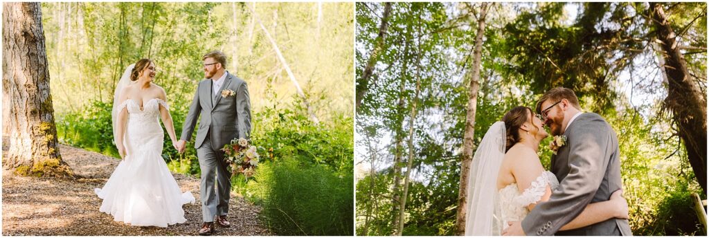 Snohomish wedding photographer gsquared weddings a bride in a white gown and a groom in a gray suit walk hand in hand through a wooded area smiling They are surrounded by lush green trees with light filtering through the leaves In another image they share a romantic embrace under the trees Serving seattle snohomish and washington state Snohomish wedding photographer gsquared weddings a bride in a white gown and a groom in a gray suit walk hand in hand through a wooded area smiling They are surrounded by lush green trees with light filtering through the leaves In another image they share a romantic embrace under the trees Serving seattle snohomish and washington state