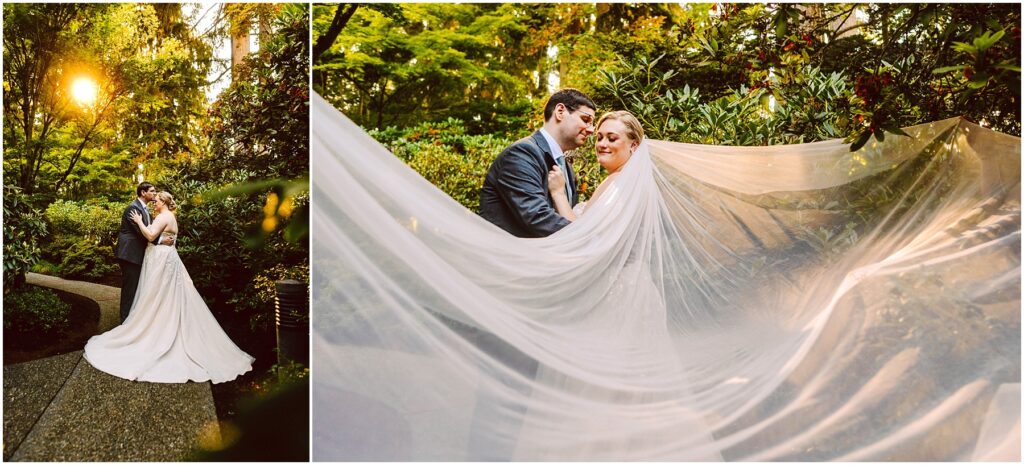 Snohomish wedding photographer gsquared weddings a bride and groom embrace on a garden path surrounded by lush greenery with the sun setting behind them The brides long veil flows elegantly in the breeze Serving seattle snohomish and washington state Snohomish wedding photographer gsquared weddings a bride and groom embrace on a garden path surrounded by lush greenery with the sun setting behind them The brides long veil flows elegantly in the breeze Serving seattle snohomish and washington state