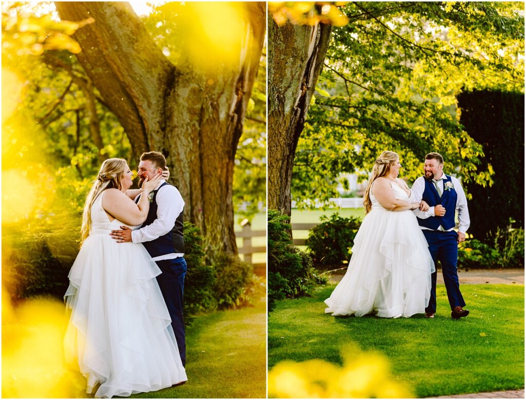 Snohomish wedding photographer gsquared weddings a bride and groom share a joyful moment outdoors The bride is in a flowing white gown and the groom is in a blue vest and tie They stand near large trees surrounded by green grass and bathed in warm golden sunlight Serving seattle snohomish and washington state Snohomish wedding photographer gsquared weddings a bride and groom share a joyful moment outdoors The bride is in a flowing white gown and the groom is in a blue vest and tie They stand near large trees surrounded by green grass and bathed in warm golden sunlight Serving seattle snohomish and washington state