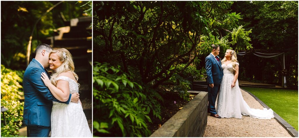 Snohomish wedding photographer gsquared weddings two images side by side left shows a couple embracing both in formal attire amid greenery Right shows the couple holding hands on a gravel path surrounded by lush trees and foliage with the bride in a white dress and the groom in a blue suit Serving seattle snohomish and washington state Snohomish wedding photographer gsquared weddings two images side by side left shows a couple embracing both in formal attire amid greenery Right shows the couple holding hands on a gravel path surrounded by lush trees and foliage with the bride in a white dress and the groom in a blue suit Serving seattle snohomish and washington state