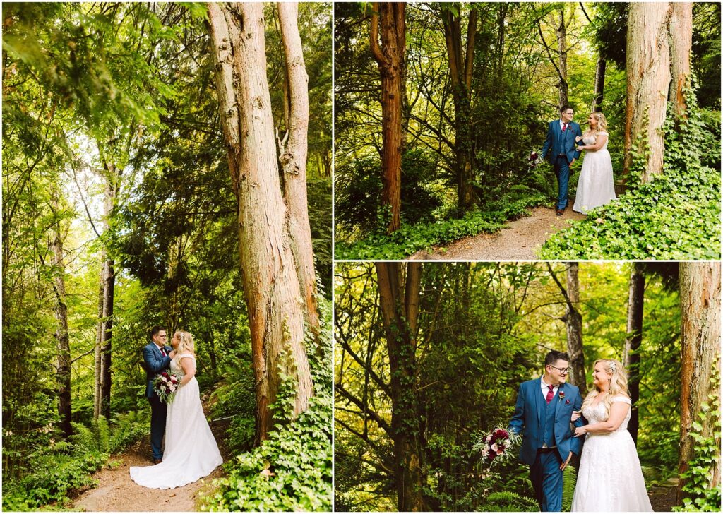 Snohomish wedding photographer gsquared weddings a couple in wedding attire walks and embraces on a forest path The groom wears a blue suit and the bride wears a white dress They are surrounded by lush green trees and foliage in a serene natural setting Serving seattle snohomish and washington state Snohomish wedding photographer gsquared weddings a couple in wedding attire walks and embraces on a forest path The groom wears a blue suit and the bride wears a white dress They are surrounded by lush green trees and foliage in a serene natural setting Serving seattle snohomish and washington state