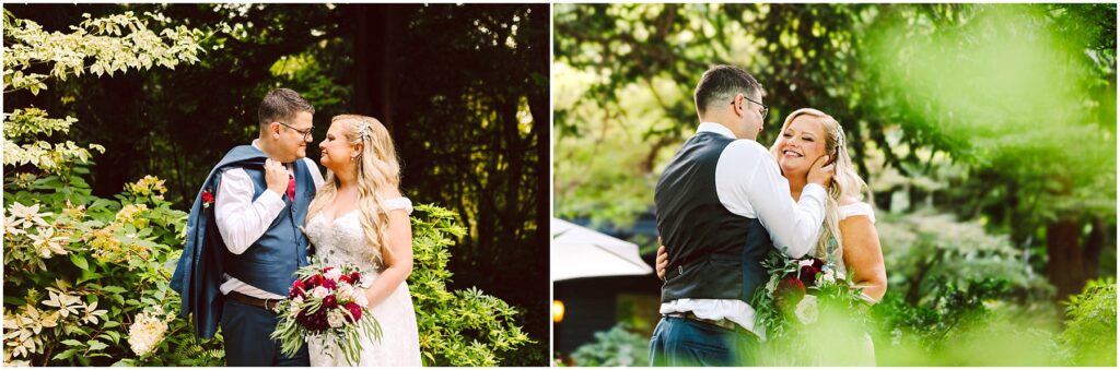Snohomish wedding photographer gsquared weddings couple in wedding attire stands in a garden The groom wears glasses and a vest holding his jacket and the bride in a lace gown holds a bouquet Both are smiling and sharing an intimate moment surrounded by greenery and sunlight Serving seattle snohomish and washington state Snohomish wedding photographer gsquared weddings couple in wedding attire stands in a garden The groom wears glasses and a vest holding his jacket and the bride in a lace gown holds a bouquet Both are smiling and sharing an intimate moment surrounded by greenery and sunlight Serving seattle snohomish and washington state