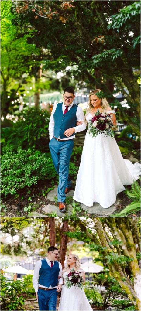 Snohomish wedding photographer gsquared weddings a bride in a white dress and a groom in a blue vest and tie share a joyful moment walking through a lush green garden She holds a bouquet of red and white flowers Both are smiling surrounded by trees and foliage Serving seattle snohomish and washington state Snohomish wedding photographer gsquared weddings a bride in a white dress and a groom in a blue vest and tie share a joyful moment walking through a lush green garden She holds a bouquet of red and white flowers Both are smiling surrounded by trees and foliage Serving seattle snohomish and washington state