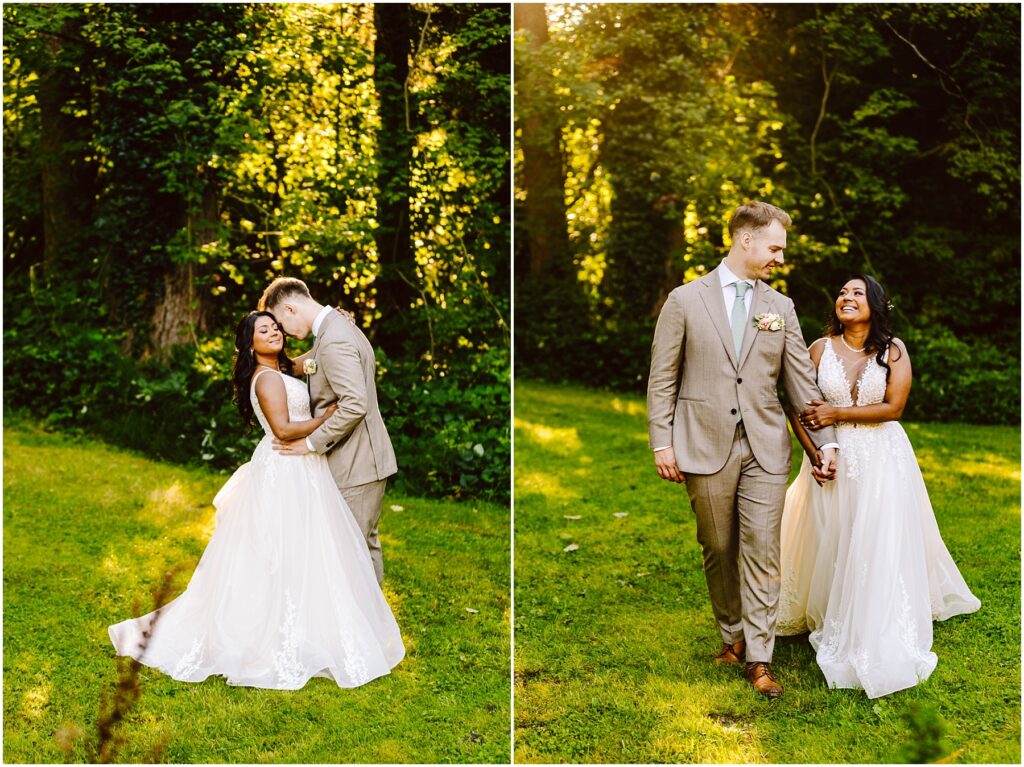 Snohomish wedding photographer gsquared weddings couple in wedding attire stands happily on lush green grass with tall trees in the background The groom wears a beige suit and the bride wears a flowing white dress Sunlight filters through the trees creating a warm serene atmosphere Serving seattle snohomish and washington state Snohomish wedding photographer gsquared weddings couple in wedding attire stands happily on lush green grass with tall trees in the background The groom wears a beige suit and the bride wears a flowing white dress Sunlight filters through the trees creating a warm serene atmosphere Serving seattle snohomish and washington state