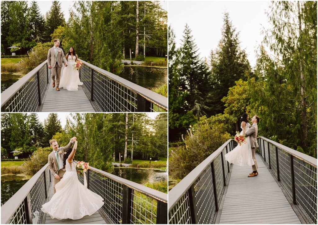 Snohomish wedding photographer gsquared weddings a couple in wedding attire on a wooden bridge by a serene lake They hold hands and dance surrounded by tall trees and greenery The bride holds a bouquet of flowers and both appear happy and relaxed Serving seattle snohomish and washington state Snohomish wedding photographer gsquared weddings a couple in wedding attire on a wooden bridge by a serene lake They hold hands and dance surrounded by tall trees and greenery The bride holds a bouquet of flowers and both appear happy and relaxed Serving seattle snohomish and washington state