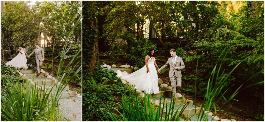 Snohomish wedding photographer gsquared weddings a couple walks down a garden path The woman wears a long flowing white dress and the man wears a light brown suit They hold hands surrounded by lush green foliage and soft evening light filtering through the trees Serving seattle snohomish and washington state Snohomish wedding photographer gsquared weddings a couple walks down a garden path The woman wears a long flowing white dress and the man wears a light brown suit They hold hands surrounded by lush green foliage and soft evening light filtering through the trees Serving seattle snohomish and washington state