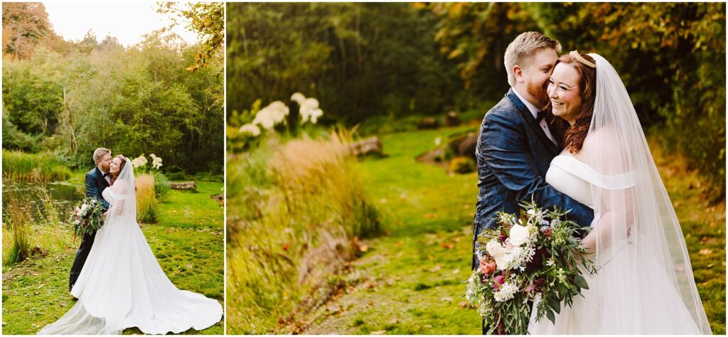 Snohomish wedding photographer gsquared weddings a bride and groom embrace and smile in an outdoor setting with lush greenery The bride wears a white gown and veil holding a bouquet of flowers while the groom is in a dark suit The background includes grass and trees with warm sunlight filtering through Serving seattle snohomish and washington state Snohomish wedding photographer gsquared weddings a bride and groom embrace and smile in an outdoor setting with lush greenery The bride wears a white gown and veil holding a bouquet of flowers while the groom is in a dark suit The background includes grass and trees with warm sunlight filtering through Serving seattle snohomish and washington state