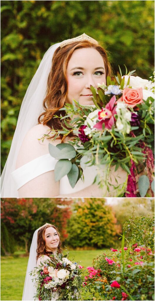 Snohomish wedding photographer gsquared weddings bride with a tiara and veil holding a colorful bouquet smiling in a garden setting The bouquet features roses greenery and mixed flowers The background is lush with greenery and vibrant flowers Serving seattle snohomish and washington state Snohomish wedding photographer gsquared weddings bride with a tiara and veil holding a colorful bouquet smiling in a garden setting The bouquet features roses greenery and mixed flowers The background is lush with greenery and vibrant flowers Serving seattle snohomish and washington state