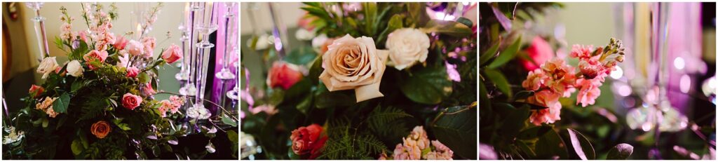 Snohomish Wedding Photographer GSquared Weddings A collage of three images featuring elegant floral arrangements. The first shows a mix of pink and peach roses with greenery. The second is a close-up of roses, and the third highlights pink flowers with soft lighting in the background. Serving Seattle, Snohomish and Washington State
