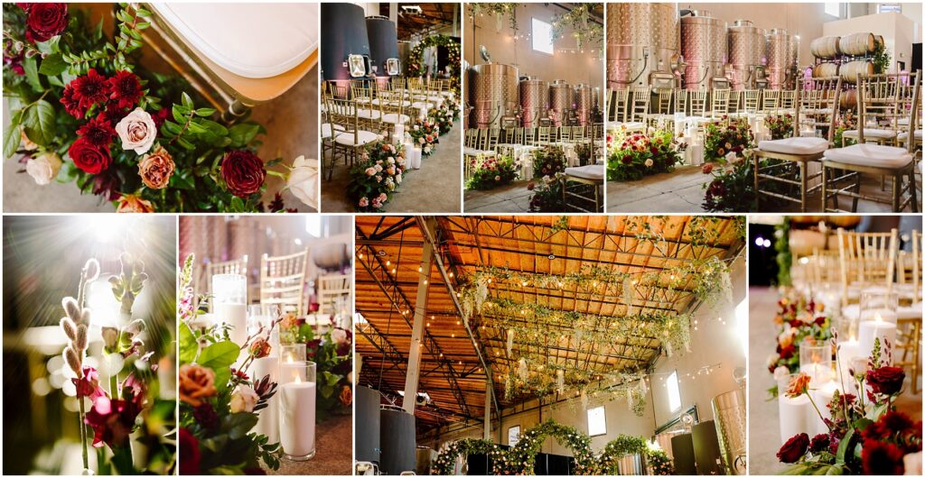 Snohomish Wedding Photographer GSquared Weddings A collage of a wedding venue featuring elegant decor: rows of white chairs with floral arrangements of red, pink, and white roses, green foliage, candles, and hanging greenery. The setting has a warm, romantic ambiance with soft lighting. Serving Seattle, Snohomish and Washington State
