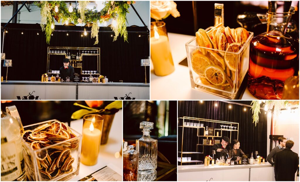 Snohomish Wedding Photographer GSquared Weddings A collage of bar images featuring a bartender at a counter, jars of dried citrus slices, a crystal decanter, and various drinks. The bar is adorned with hanging greenery, and warm lighting creates a cozy atmosphere. Serving Seattle, Snohomish and Washington State