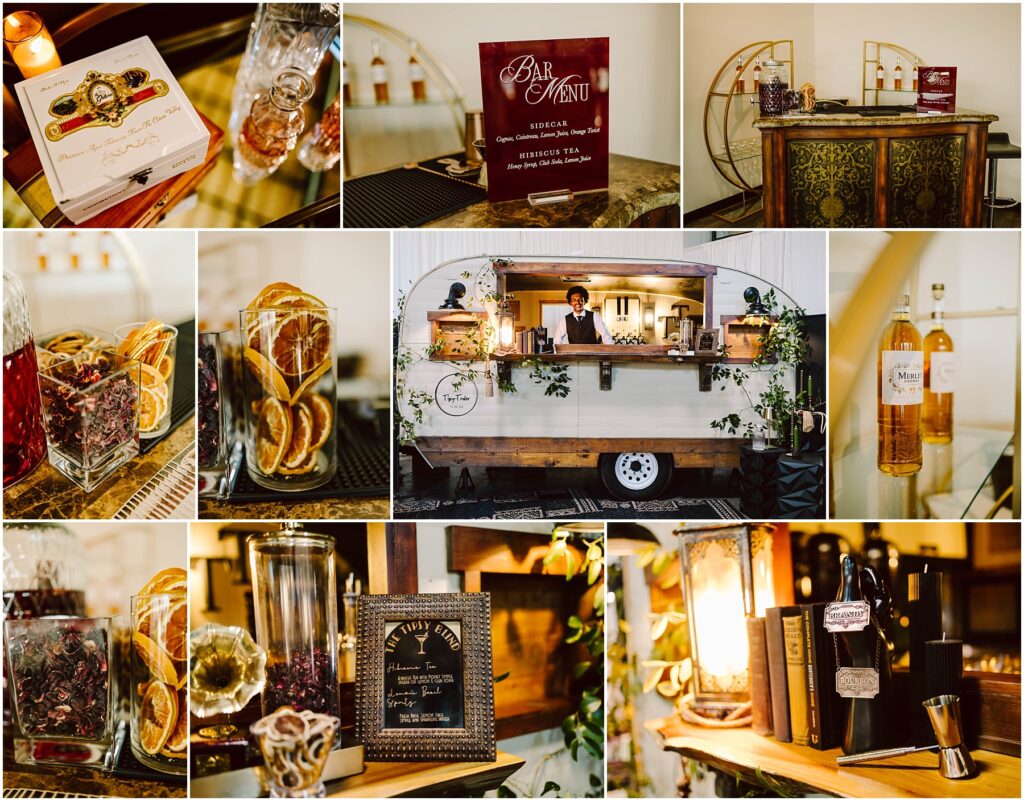 Snohomish Wedding Photographer GSquared Weddings Collage of a vintage-themed bar setup featuring a variety of items: cocktail ingredients in jars, bar menu, decorative books, whiskey bottles, an antique teacup, and a bartender inside a charming mobile bar with plants. Serving Seattle, Snohomish and Washington State