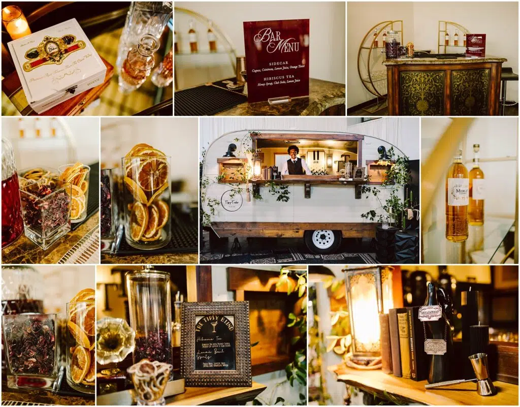 Snohomish Wedding Photographer GSquared Weddings Collage of a vintagethemed bar setup featuring a variety of items cocktail ingredients in jars bar menu decorative books whiskey bottles an antique teacup and a bartender inside a charming mobile bar with plants Serving Seattle Snohomish and Washington State Snohomish Wedding Photographer GSquared Weddings Collage of a vintage-themed bar setup featuring a variety of items: cocktail ingredients in jars, bar menu, decorative books, whiskey bottles, an antique teacup, and a bartender inside a charming mobile bar with plants. Serving Seattle, Snohomish and Washington State