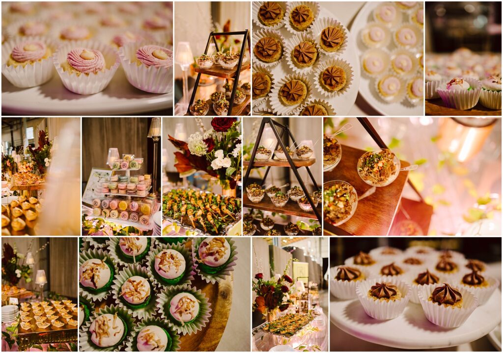 Snohomish Wedding Photographer GSquared Weddings A collage of various cupcakes and dessert displays. The treats are beautifully arranged with different toppings, including swirls of frosting and decorative accents, set on tiered stands and wooden trays at a festive event. Serving Seattle, Snohomish and Washington State