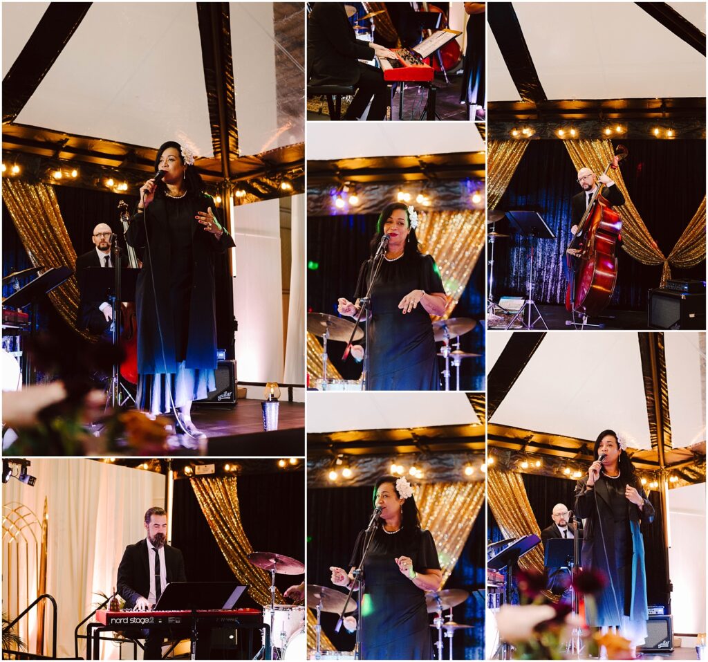 Snohomish Wedding Photographer GSquared Weddings A woman sings passionately on stage in multiple images. She holds a microphone and wears a long black dress. A keyboardist, drummer, and double bassist accompany her. The stage is decorated with golden drapes and soft lighting. Serving Seattle, Snohomish and Washington State
